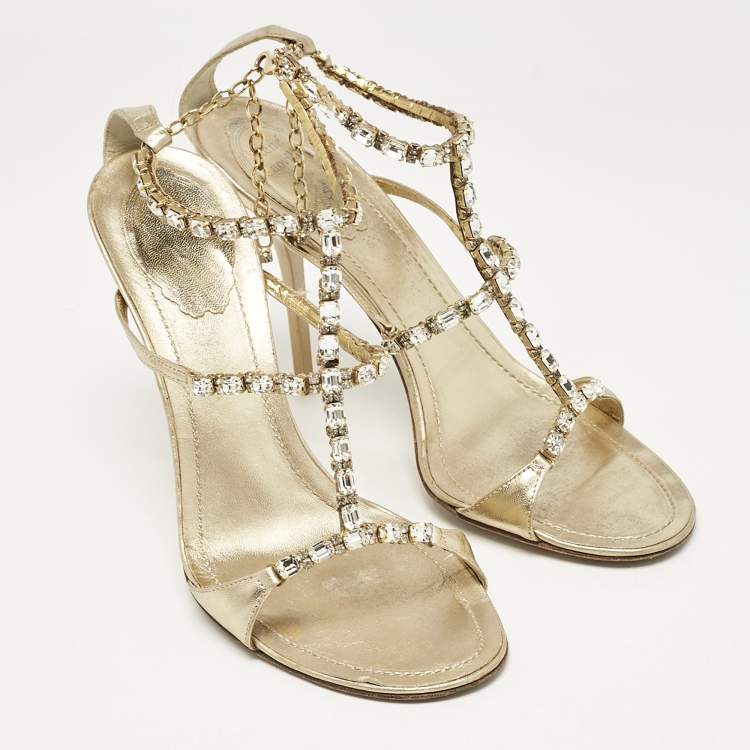 Pre Owned René Caovilla Gold Leather Crystal Embellished Ankle Strap Sandals Size 38