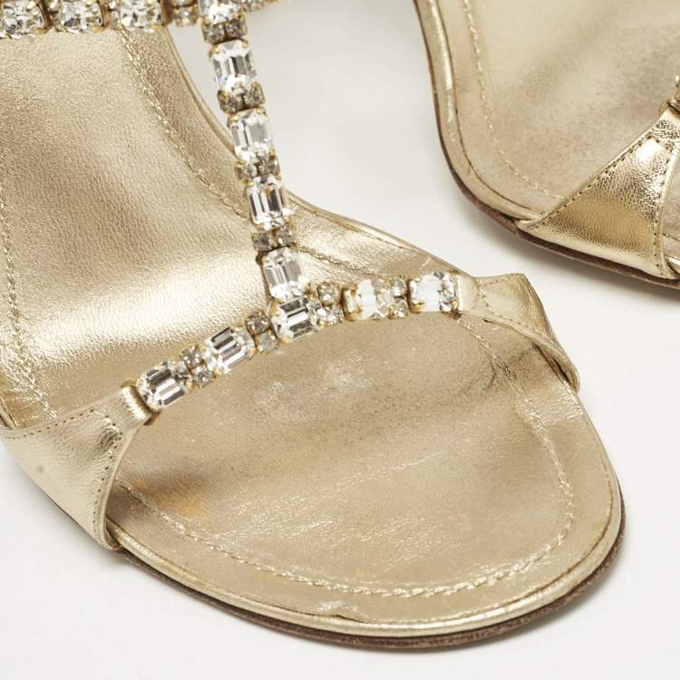 Pre Owned René Caovilla Gold Leather Crystal Embellished Ankle Strap Sandals Size 38