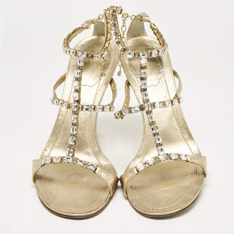 Pre Owned René Caovilla Gold Leather Crystal Embellished Ankle Strap Sandals Size 38
