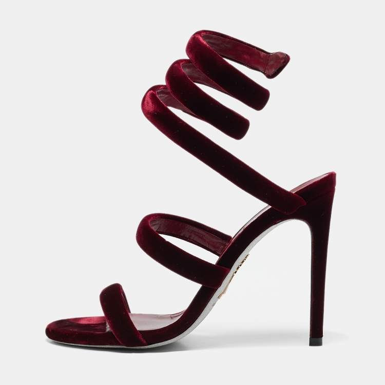 Pre Owned René Caovilla Burgundy Velvet Cleo Ankle Strap Sandals Size 38