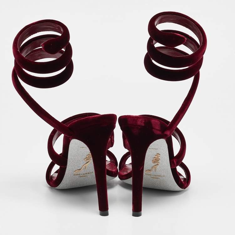 Pre Owned René Caovilla Burgundy Velvet Cleo Ankle Strap Sandals Size 38