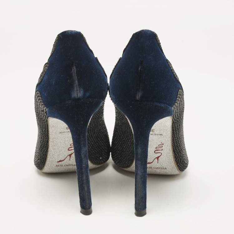 Pre Owned René Caovilla Blue Velvet Crystal Embellished Pointed Toe Pumps Size 38