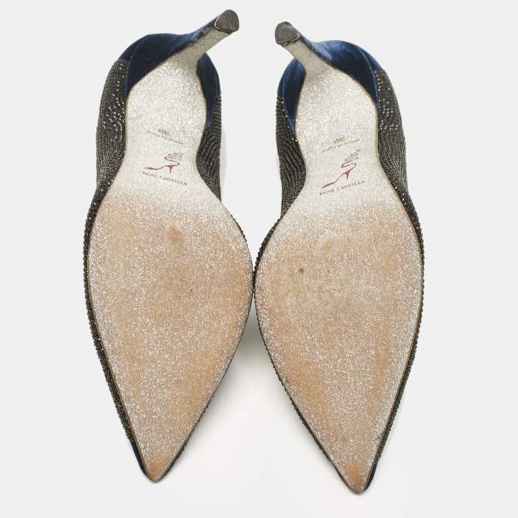 Pre Owned René Caovilla Blue Velvet Crystal Embellished Pointed Toe Pumps Size 38