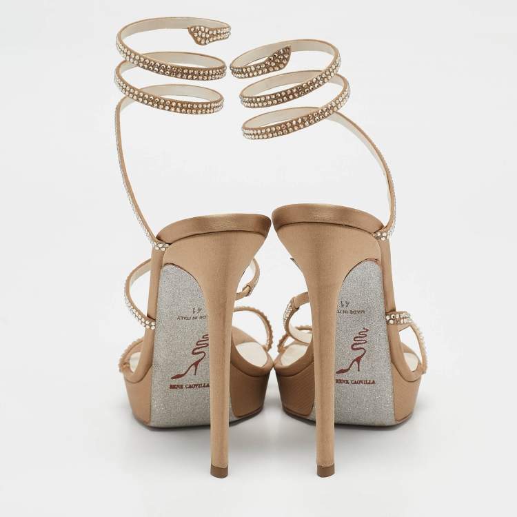 Pre Owned René Caovilla Beige Satin Cleo Ankle Wrap Sandals Size 41