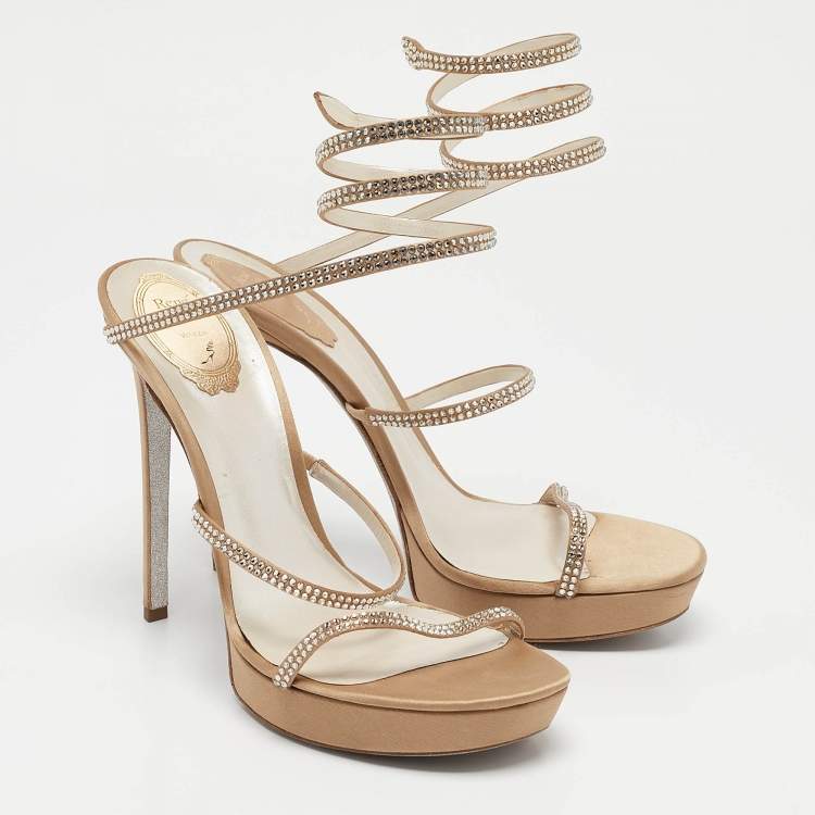 Pre Owned René Caovilla Beige Satin Cleo Ankle Wrap Sandals Size 41