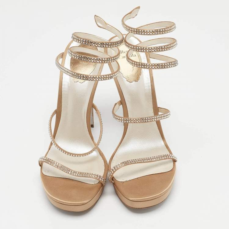 Pre Owned René Caovilla Beige Satin Cleo Ankle Wrap Sandals Size 41