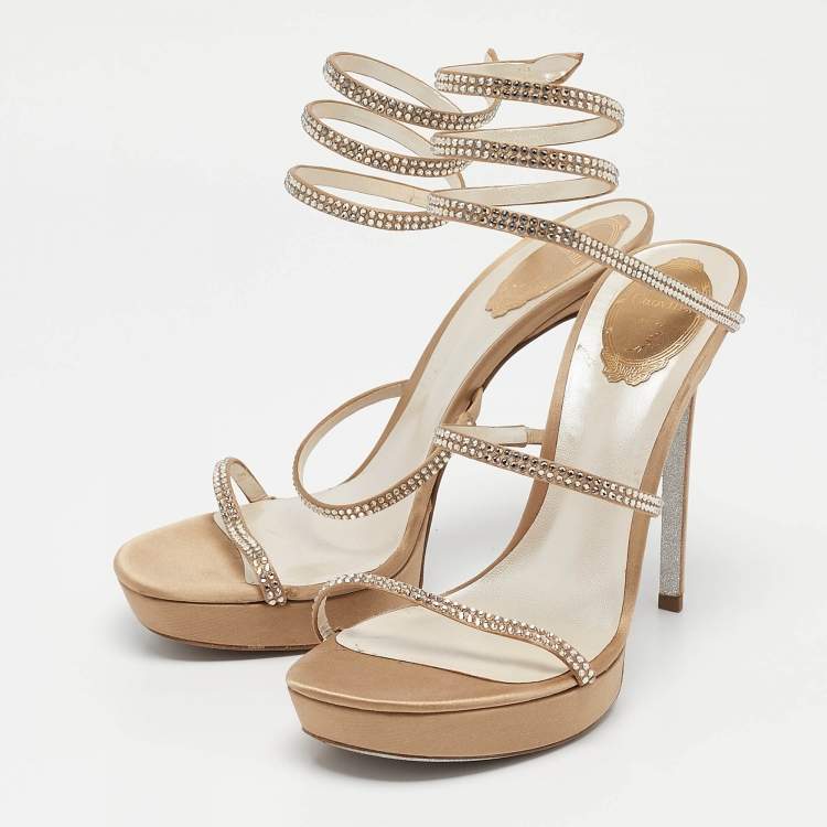 Pre Owned René Caovilla Beige Satin Cleo Ankle Wrap Sandals Size 41