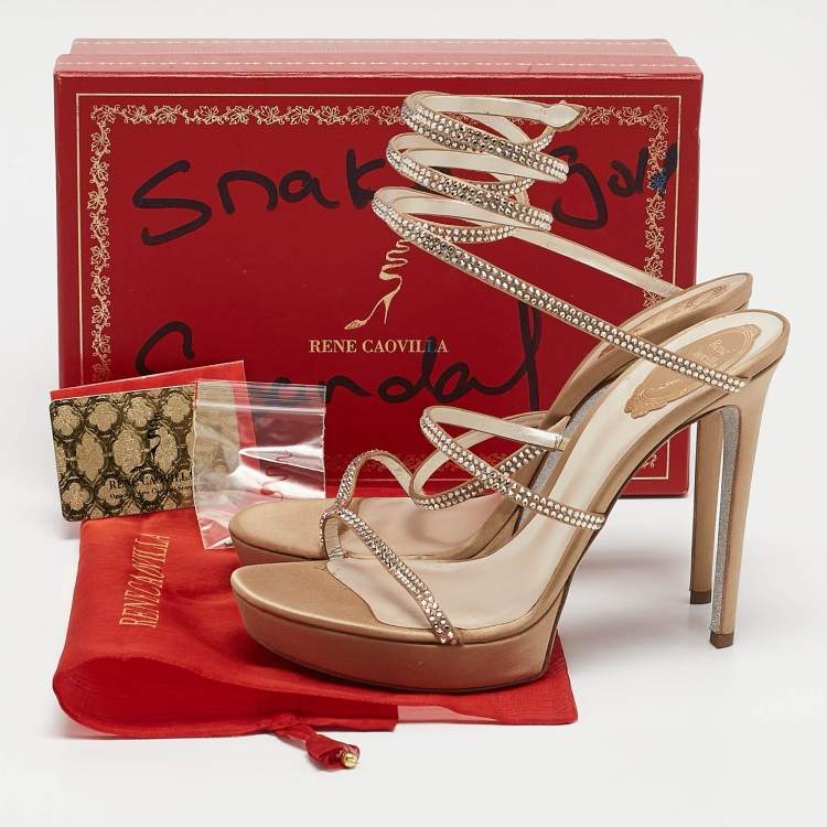 Pre Owned René Caovilla Beige Satin Cleo Ankle Wrap Sandals Size 41