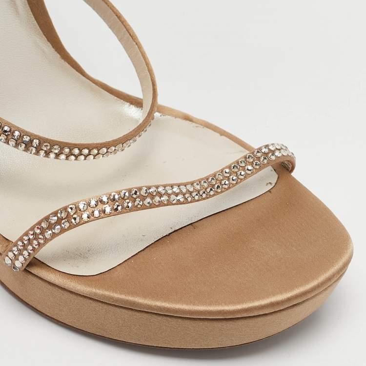 Pre Owned René Caovilla Beige Satin Cleo Ankle Wrap Sandals Size 41