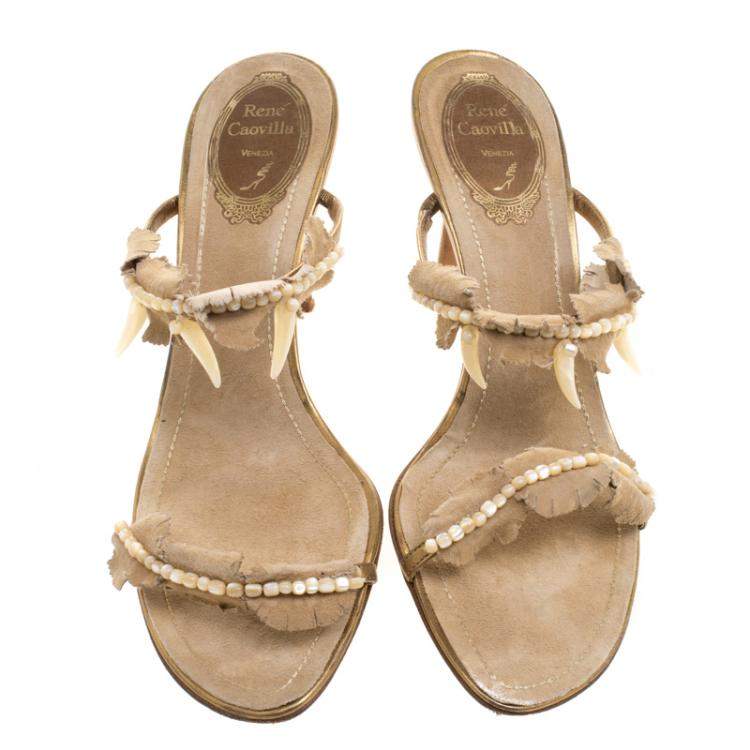 Pre Owned René Caovilla Beige Embellished Suede Slides Size 38.5