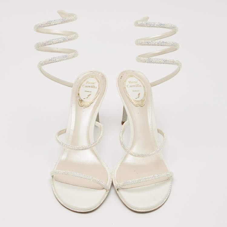 Pre Owned René Caovilla White Leather and Satin Crystal Embellished Cleo Ankle Strap Sandals Size 41