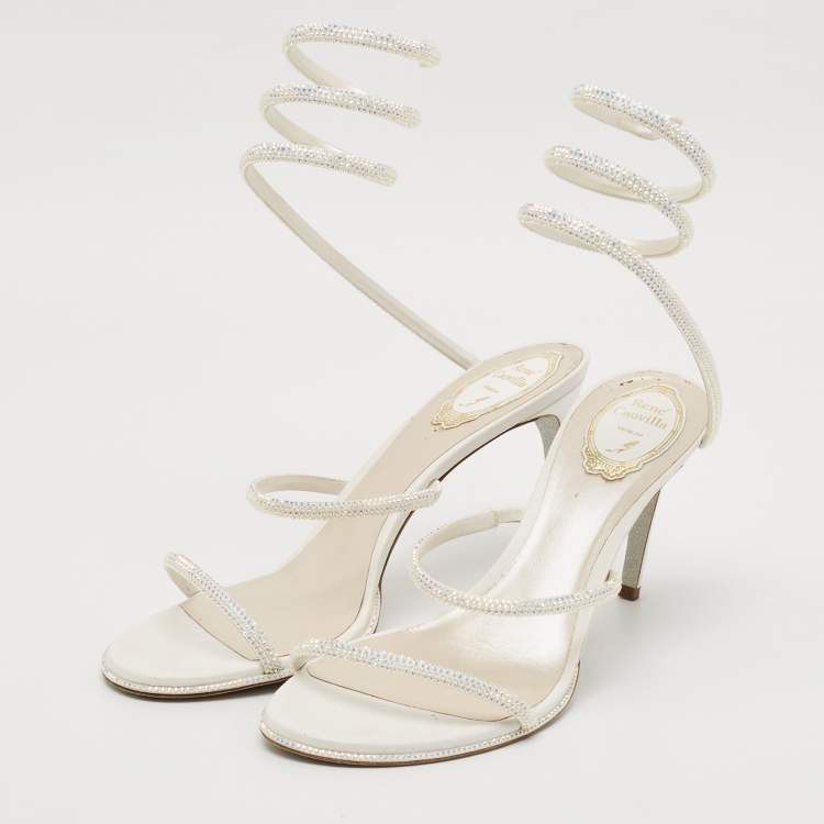 Pre Owned René Caovilla White Leather and Satin Crystal Embellished Cleo Ankle Strap Sandals Size 41