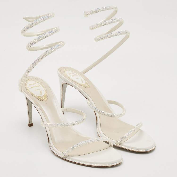 Pre Owned René Caovilla White Leather and Satin Crystal Embellished Cleo Ankle Strap Sandals Size 41