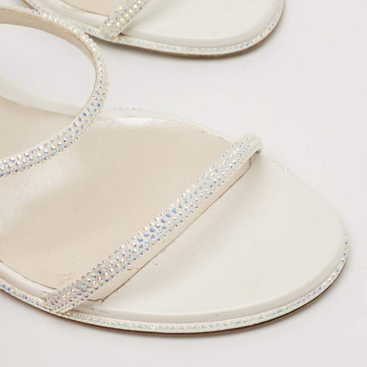 Pre Owned René Caovilla White Leather and Satin Crystal Embellished Cleo Ankle Strap Sandals Size 41