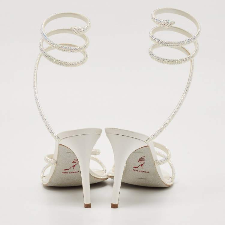 Pre Owned René Caovilla White Leather and Satin Crystal Embellished Cleo Ankle Strap Sandals Size 41