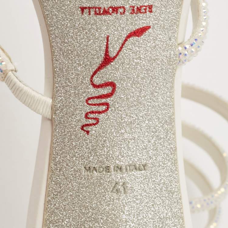 Pre Owned René Caovilla White Leather and Satin Crystal Embellished Cleo Ankle Strap Sandals Size 41