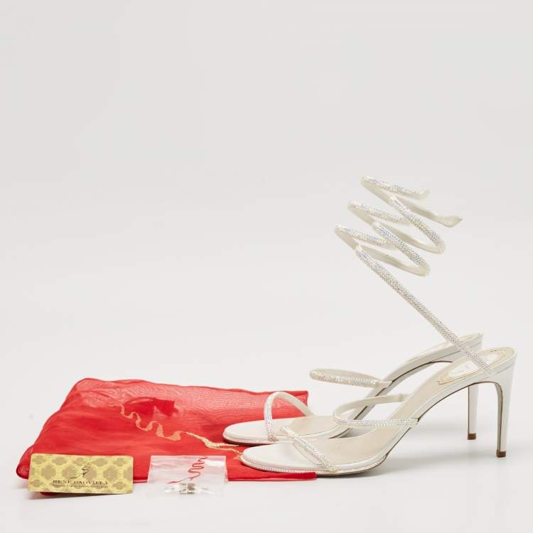Pre Owned René Caovilla White Leather and Satin Crystal Embellished Cleo Ankle Strap Sandals Size 41