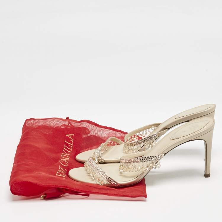 Pre Owned René Caovilla Beige Suede Crystal Embellished Chandelier Slide Sandals Size 38