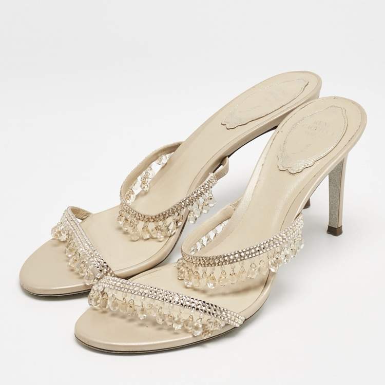 Pre Owned René Caovilla Beige Suede Crystal Embellished Chandelier Slide Sandals Size 38