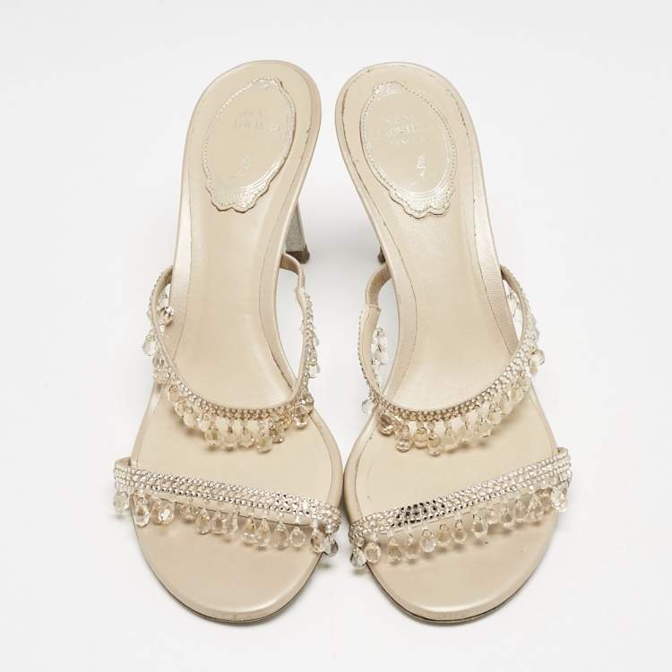 Pre Owned René Caovilla Beige Suede Crystal Embellished Chandelier Slide Sandals Size 38