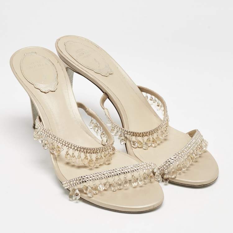 Pre Owned René Caovilla Beige Suede Crystal Embellished Chandelier Slide Sandals Size 38
