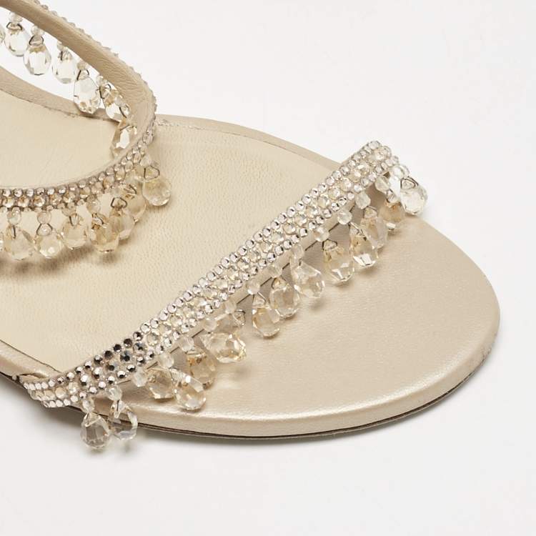 Pre Owned René Caovilla Beige Suede Crystal Embellished Chandelier Slide Sandals Size 38
