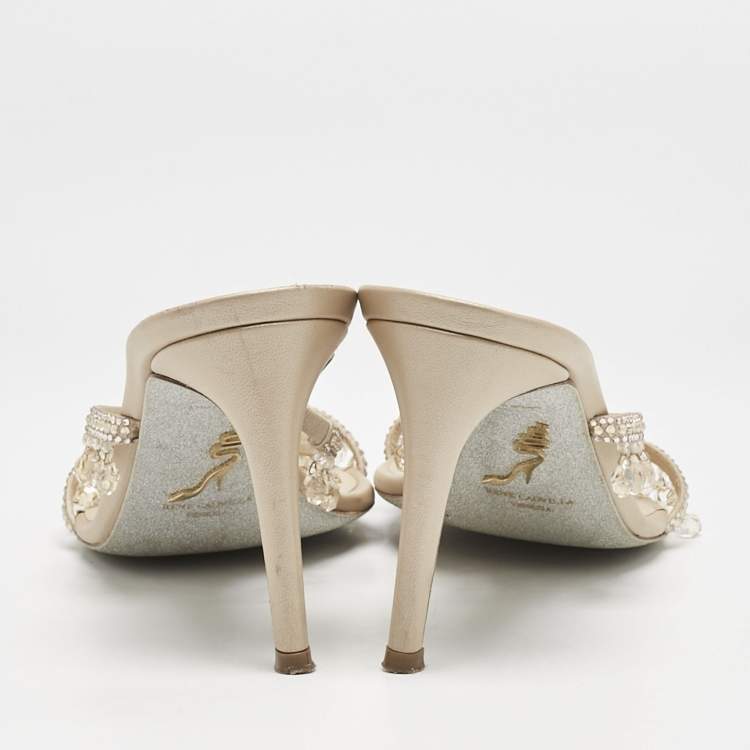 Pre Owned René Caovilla Beige Suede Crystal Embellished Chandelier Slide Sandals Size 38