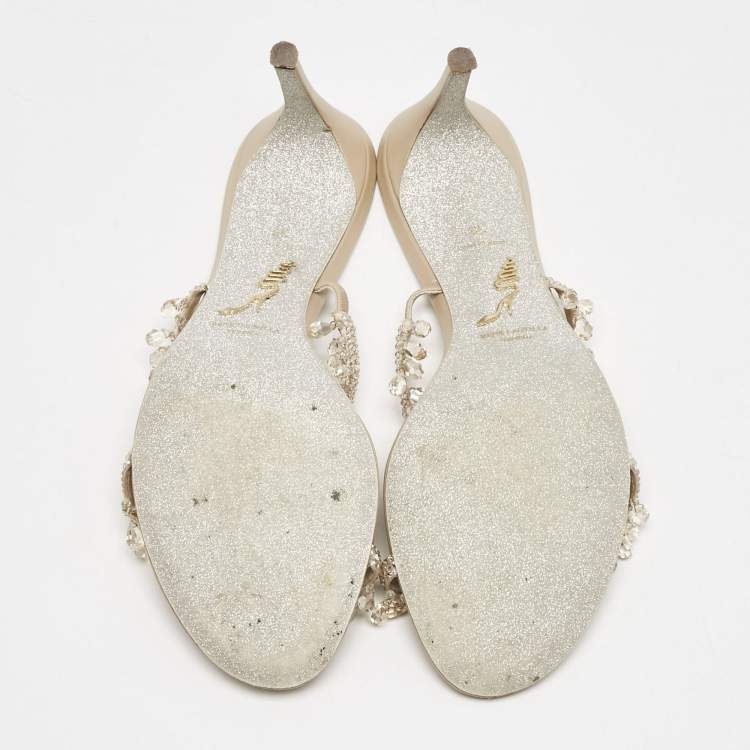 Pre Owned René Caovilla Beige Suede Crystal Embellished Chandelier Slide Sandals Size 38