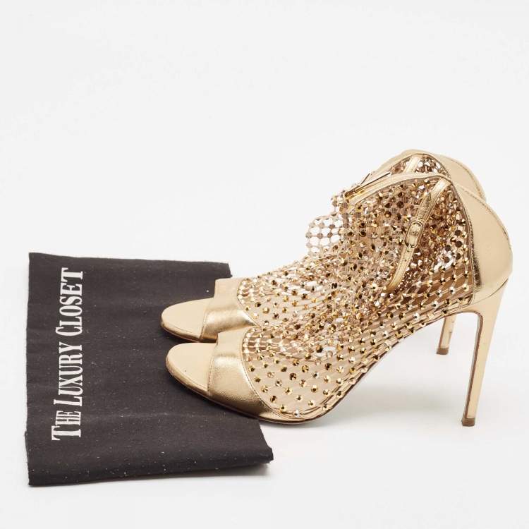 Pre Owned Rene Caovilla Gold Leather and Lace Crystal Embellished Galaxia Sandals Size 38.5