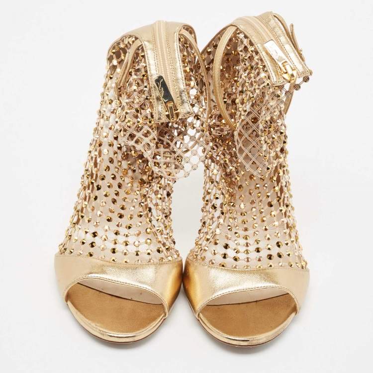 Pre Owned Rene Caovilla Gold Leather and Lace Crystal Embellished Galaxia Sandals Size 38.5