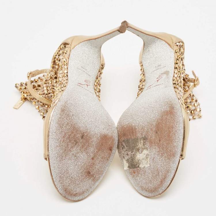 Pre Owned Rene Caovilla Gold Leather and Lace Crystal Embellished Galaxia Sandals Size 38.5