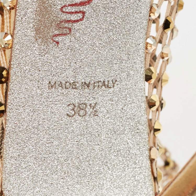 Pre Owned Rene Caovilla Gold Leather and Lace Crystal Embellished Galaxia Sandals Size 38.5