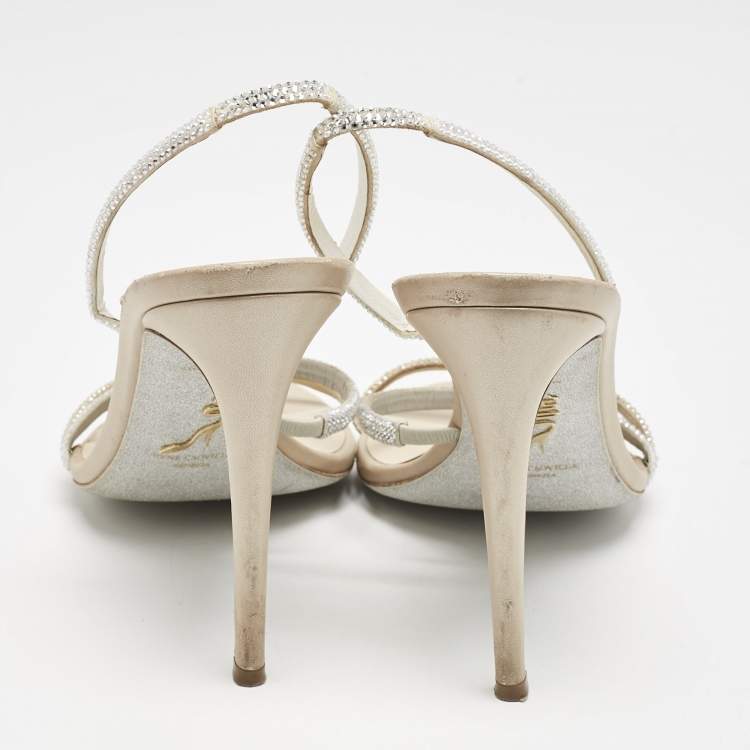 Pre Owned René Caovilla Metallic Leather and Satin Ellabrita Slingback Sandals Size 41