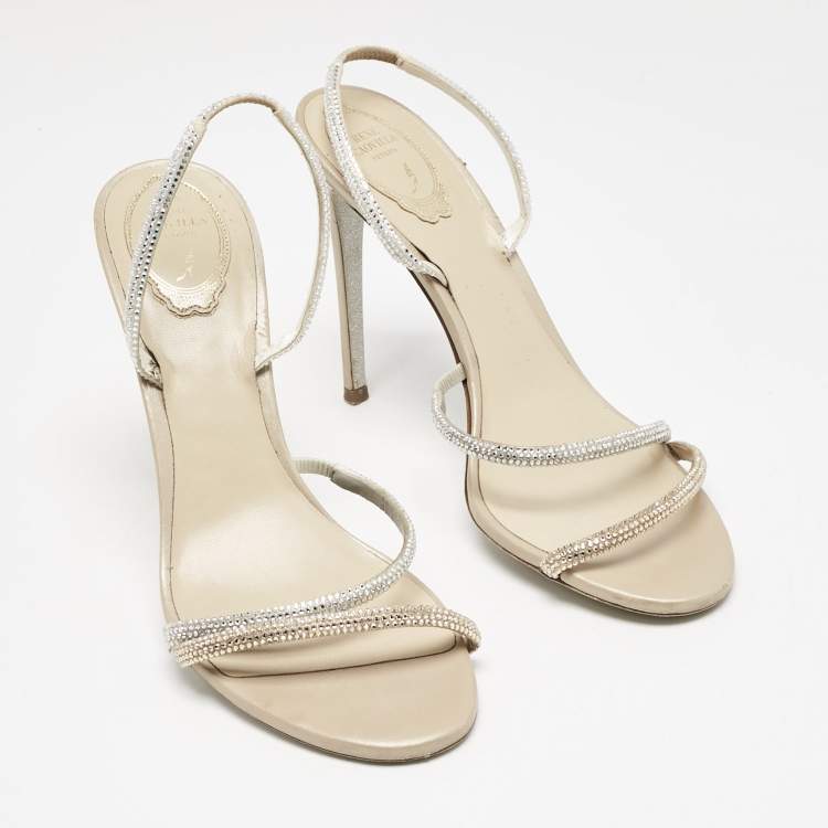 Pre Owned René Caovilla Metallic Leather and Satin Ellabrita Slingback Sandals Size 41