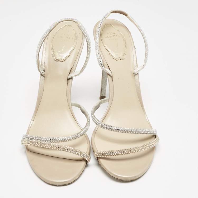 Pre Owned René Caovilla Metallic Leather and Satin Ellabrita Slingback Sandals Size 41