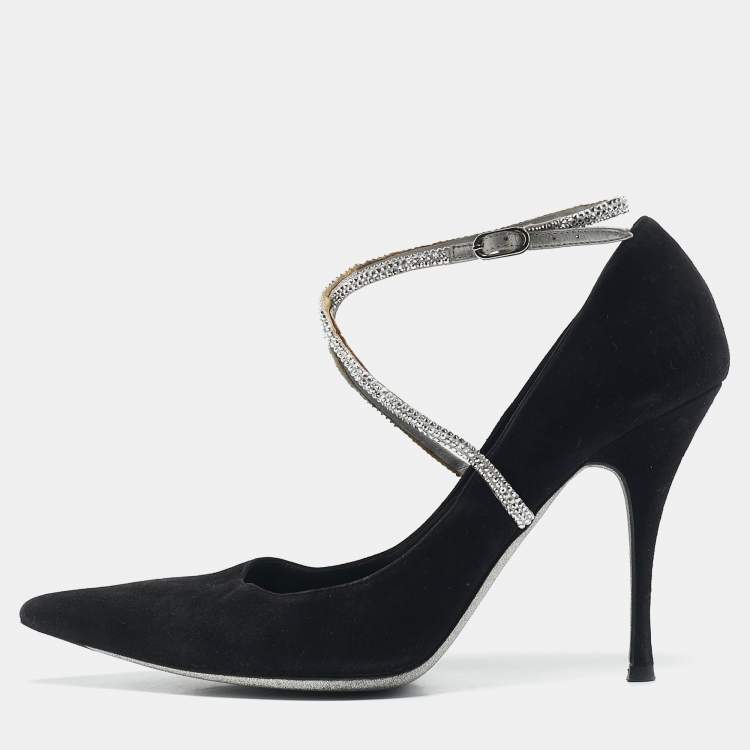 Pre Owned René Caovilla Black Suede Crystal Embellished Ankle Wrap Pumps Size 38.5
