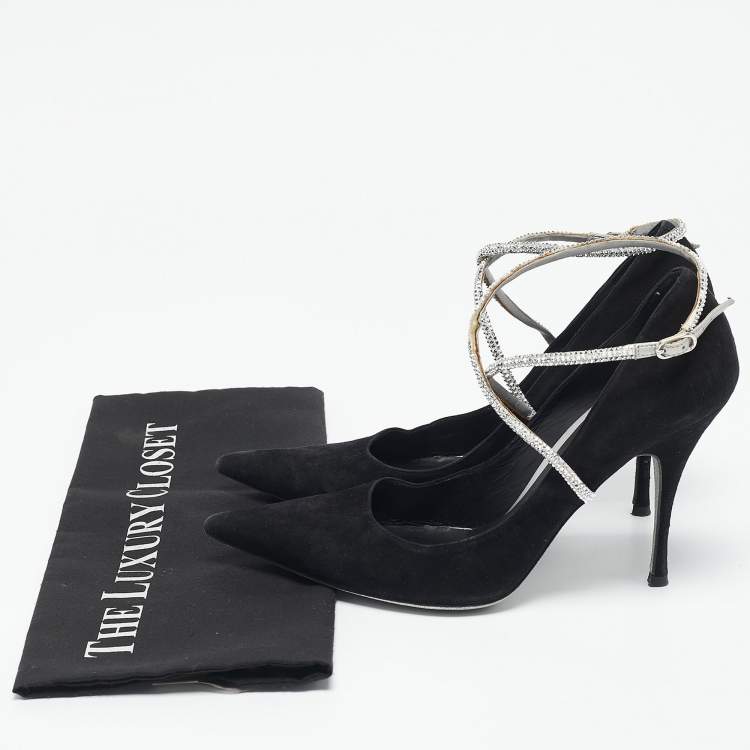 Pre Owned René Caovilla Black Suede Crystal Embellished Ankle Wrap Pumps Size 38.5