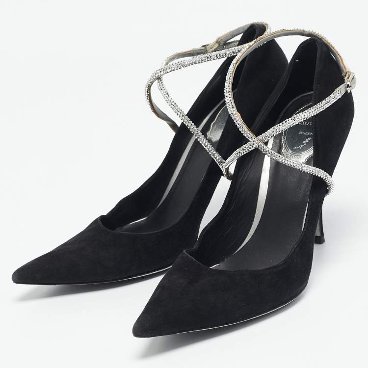 Pre Owned René Caovilla Black Suede Crystal Embellished Ankle Wrap Pumps Size 38.5