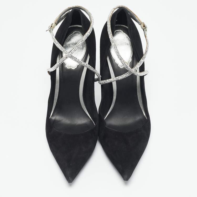 Pre Owned René Caovilla Black Suede Crystal Embellished Ankle Wrap Pumps Size 38.5
