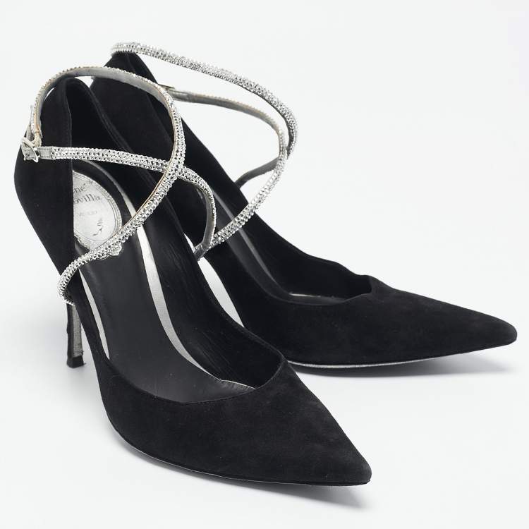 Pre Owned René Caovilla Black Suede Crystal Embellished Ankle Wrap Pumps Size 38.5