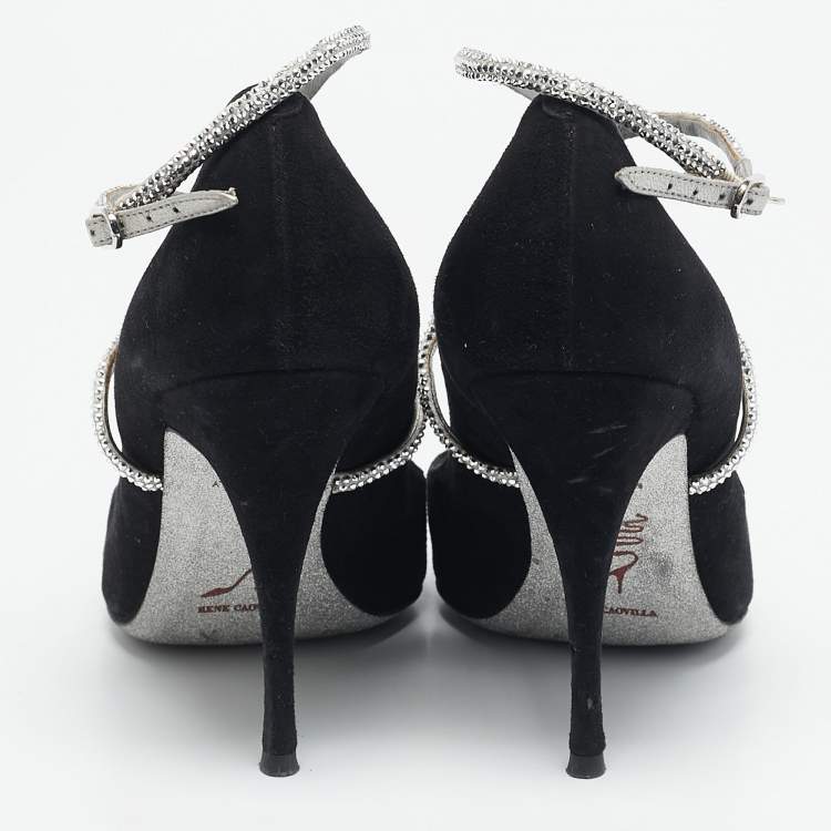 Pre Owned René Caovilla Black Suede Crystal Embellished Ankle Wrap Pumps Size 38.5