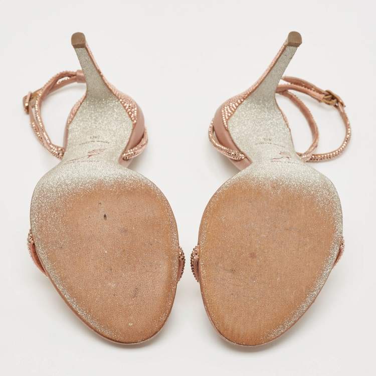 Pre Owned René Caovilla Rose Gold Satin and Leather Ellabrita Sandals Size 38