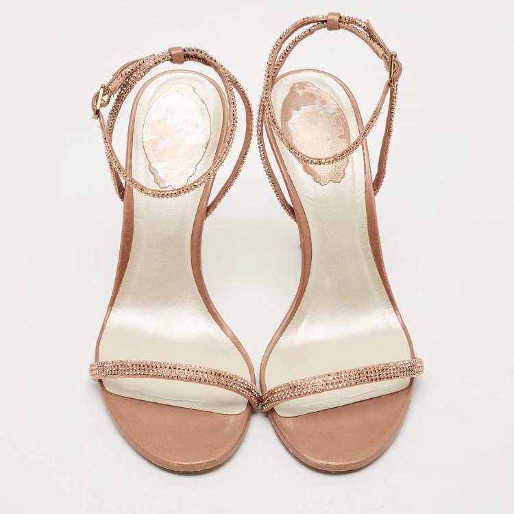 Pre Owned René Caovilla Rose Gold Satin and Leather Ellabrita Sandals Size 38