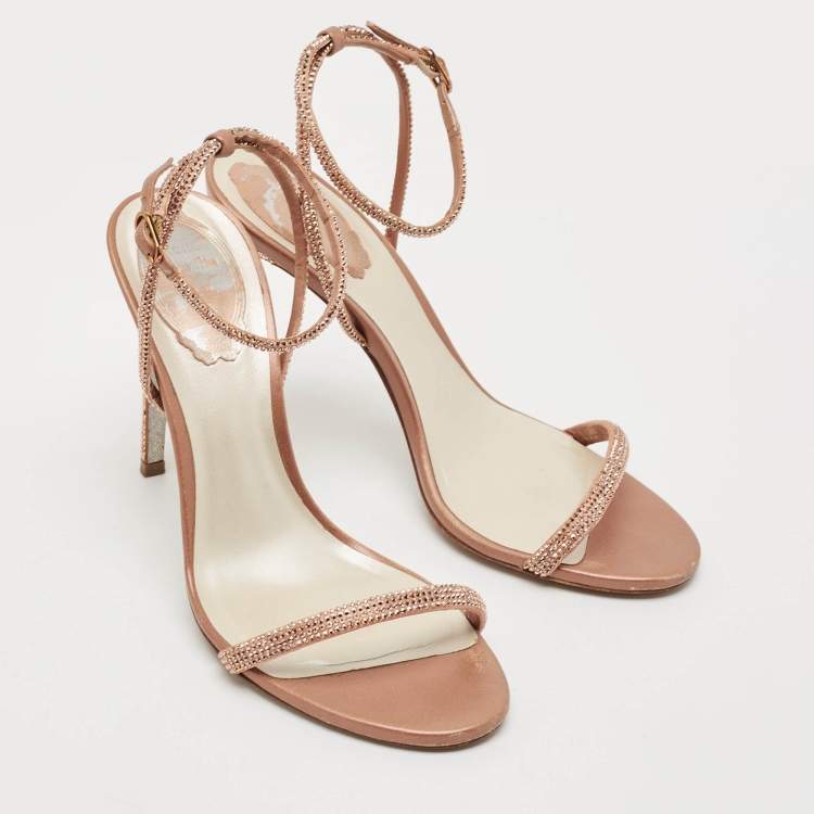 Pre Owned René Caovilla Rose Gold Satin and Leather Ellabrita Sandals Size 38