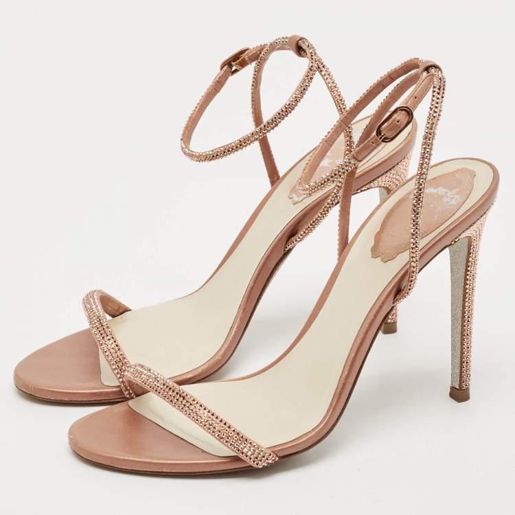 Pre Owned René Caovilla Rose Gold Satin and Leather Ellabrita Sandals Size 38