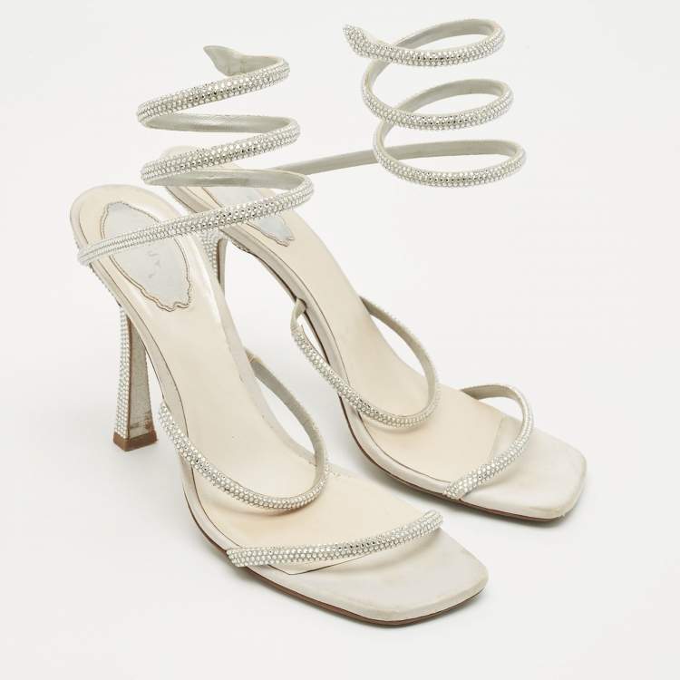 Pre Owned Rene Caovilla White Leather and Satin Crystal Embellished Ankle Wrap Sandals Size 41