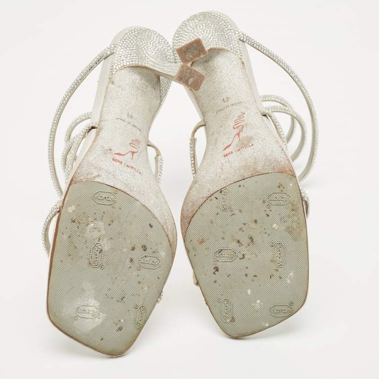 Pre Owned Rene Caovilla White Leather and Satin Crystal Embellished Ankle Wrap Sandals Size 41