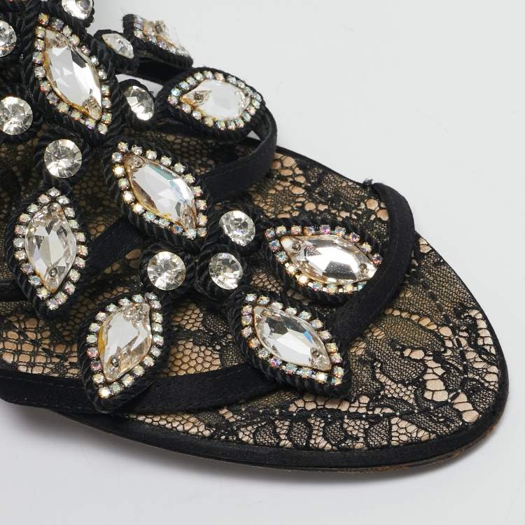 Pre Owned René Caovilla Black Satin Crystals Embellished T-Strap Sandals Size 37