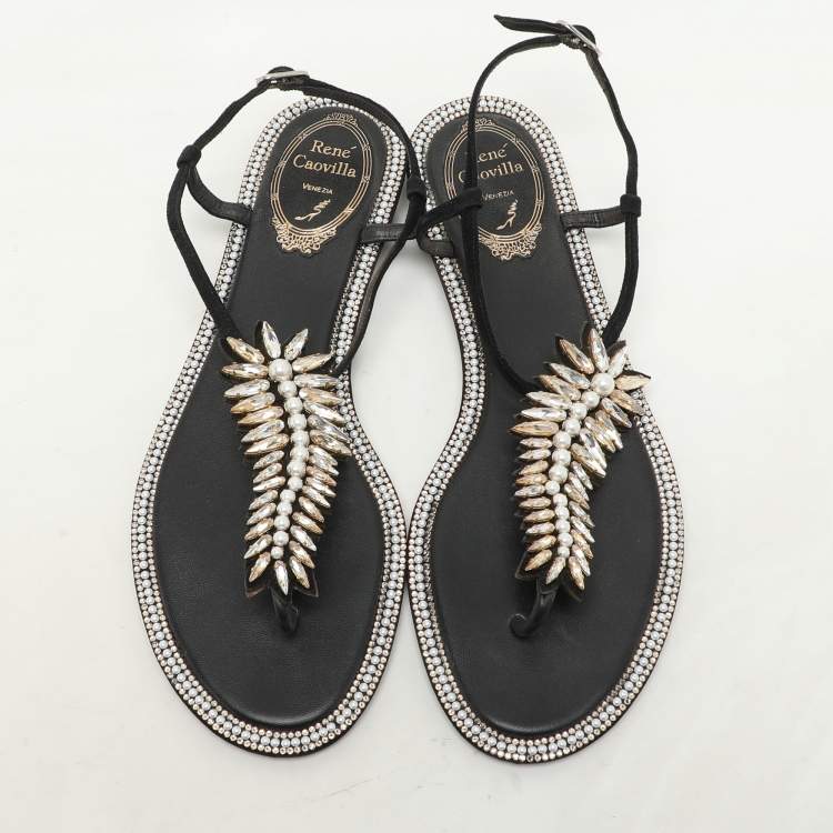 Pre Owned René Caovilla Black Suede Crystal Embellished Thong Sandals Size 37