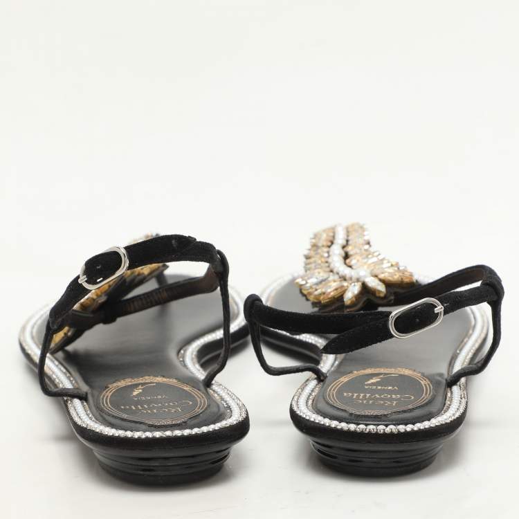 Pre Owned René Caovilla Black Suede Crystal Embellished Thong Sandals Size 37